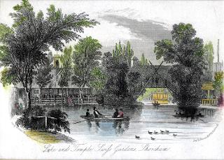 An engraving of the Swiss Gardens lake with rowing boats and the Temple beyond.