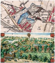 A combined map and contemporary view of the Swiss Gardens, showing the position of the gardens within Shoreham and a coloured artistic rendering of the grounds.
