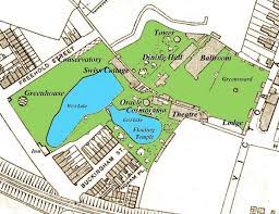 A labelled map of the Swiss Gardens pleasure park, showing the Observatory, Dancing Hall, Ballroom, Greenhouse, Theatre, Floating Temple, Oracle and the lake.