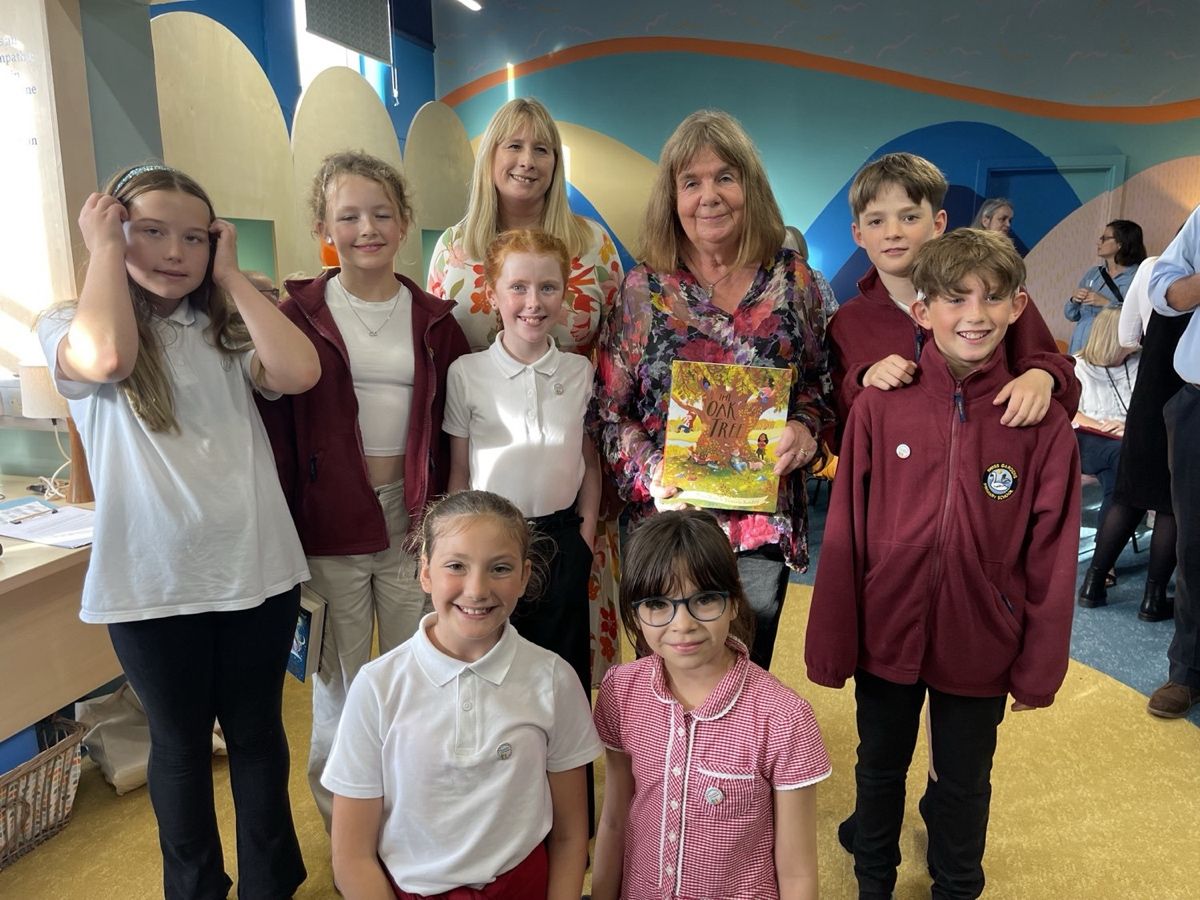 Julia Donaldson with Swiss Gardens children at the school library opening