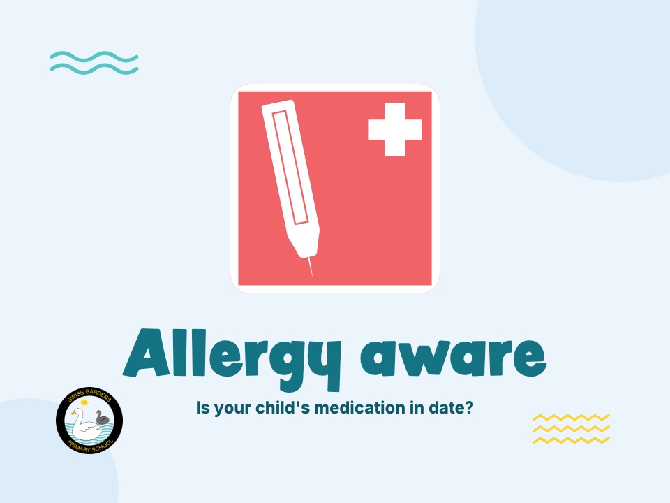 An adrenaline auto-injector symbol with the words Allergy aware: is your child's medication in date?