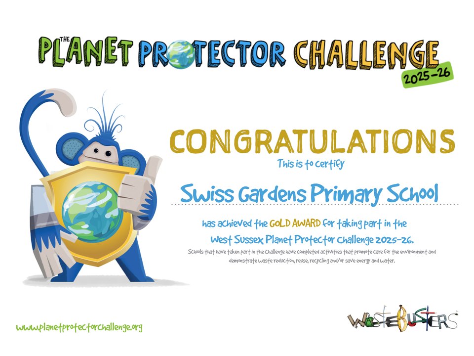 Our Gold Award certificate from the West Sussex Planet Protector Challenge 2025-26